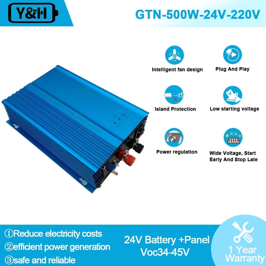 Solar Inverter 500W Micro Grid Tie Inverter Pure Sine Wave MPPT AC230V output DC16V-28V/26V-45V &12V/24V Battery Discharge Adjustable