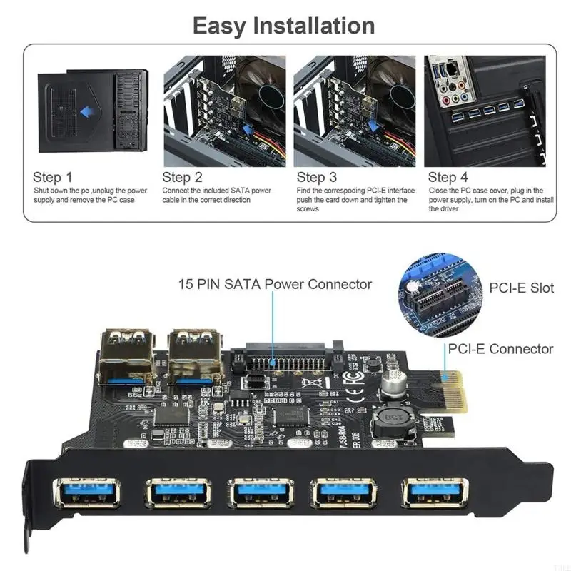 T3EE PCIE to USB3.0 Expansion Card Power Supply 7-port USB Extender Small Slot 5Gbps for Hard Drives Game Controllers