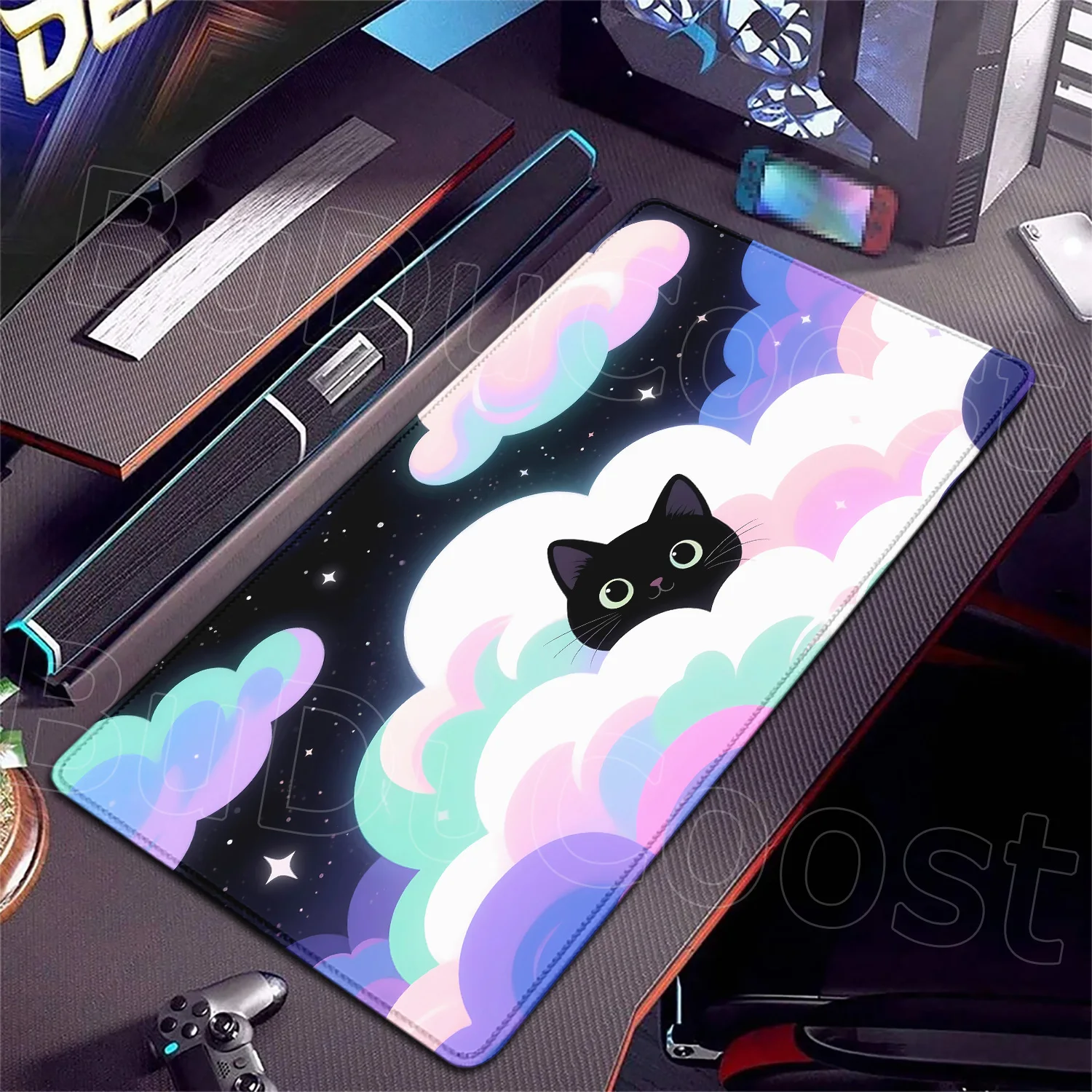 Großer rutschfester Gummi-Computer-Büroteppich XXL HD DeskMat Black Cat on The Cute Cloud Keyboard Mouse Pad Kawaii Art Design Teppich