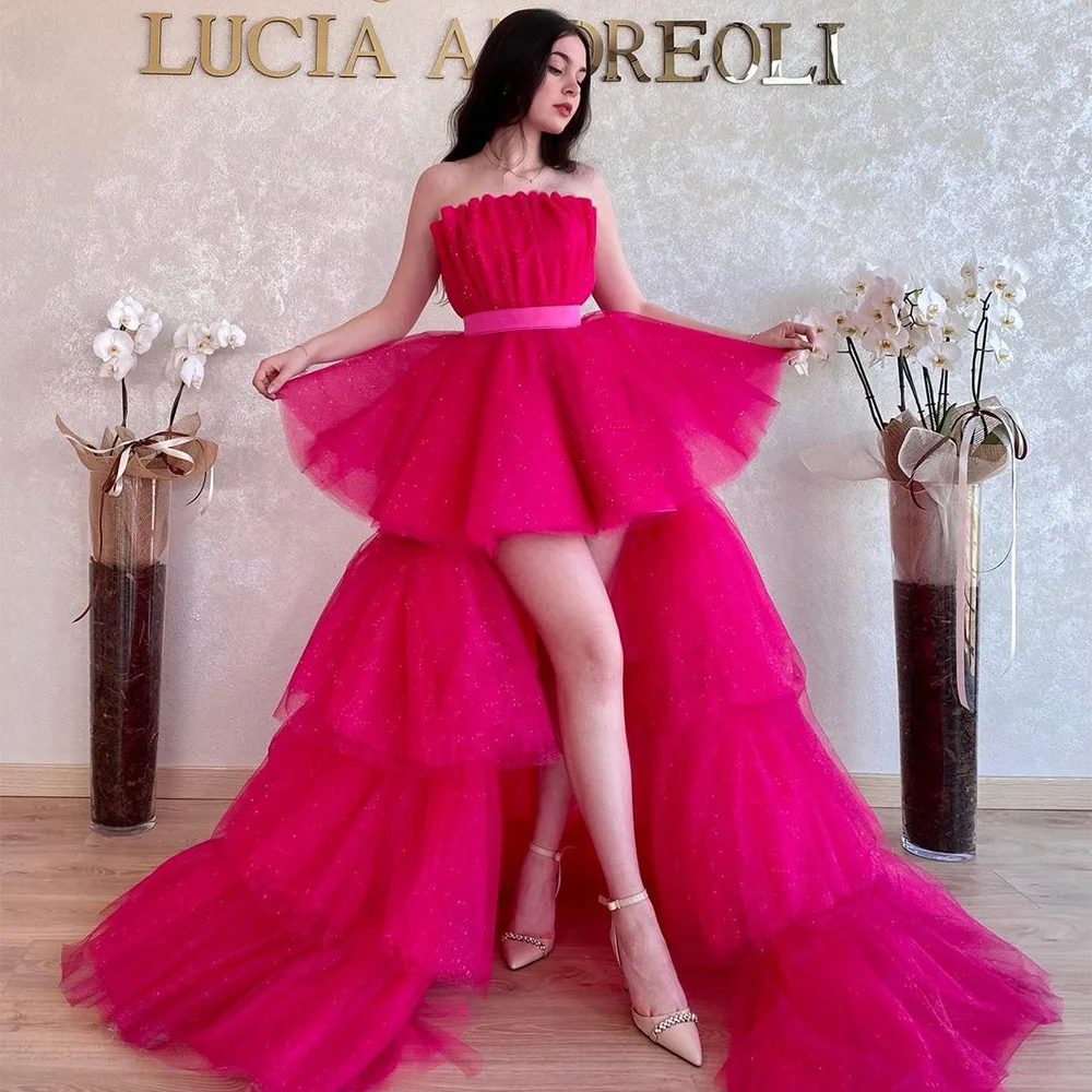 

Sevintage Fuschia High/Low Tiered Ruffles Tulle Prom Dresses Strapless Pleat Ruched Evening Gowns Special Occasion Gown 2023
