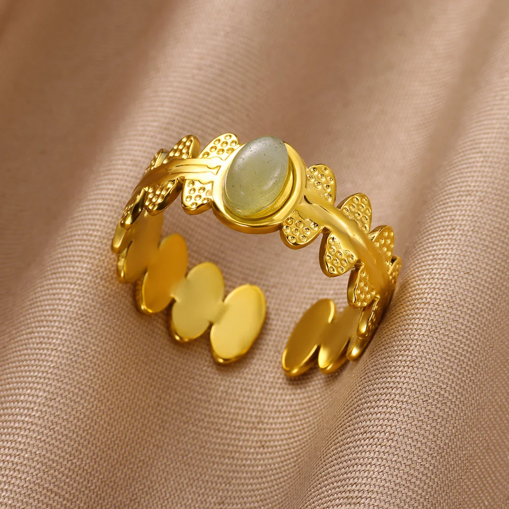 Green Oval Zircon Stainless Steel Rings for Women