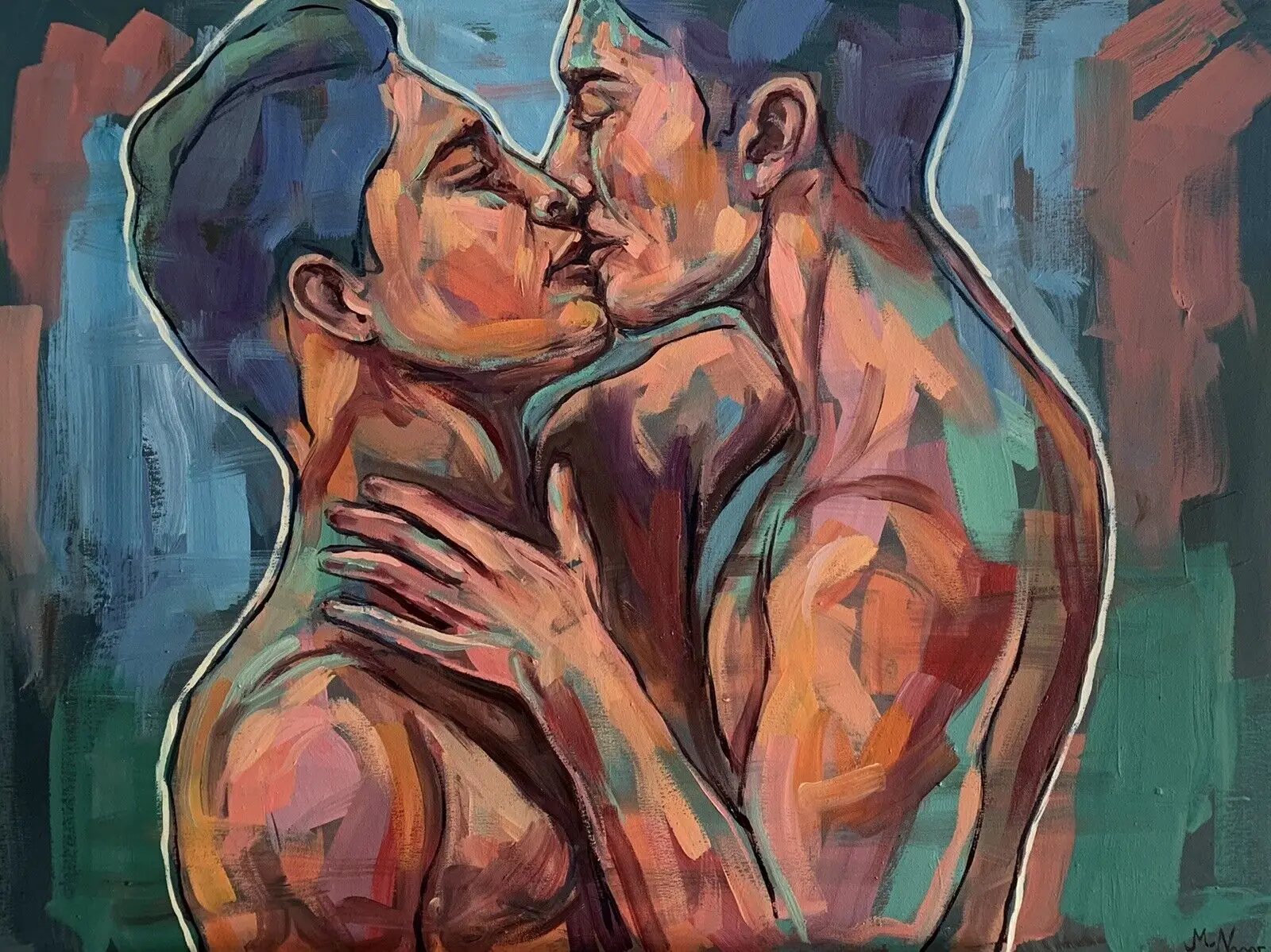 

100% handpainted Male Nude, Naked Man, Gay Erotic Queer Art, Men Kiss Oil Painting Homoerotic