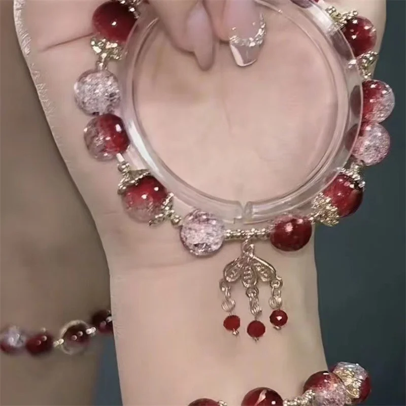 Korean Fashion Crystal Beads Bracelet for Women Girls Sweet Cute Star Pentagram Tassel Charm Bracelet Party Wedding Jewelry Gift