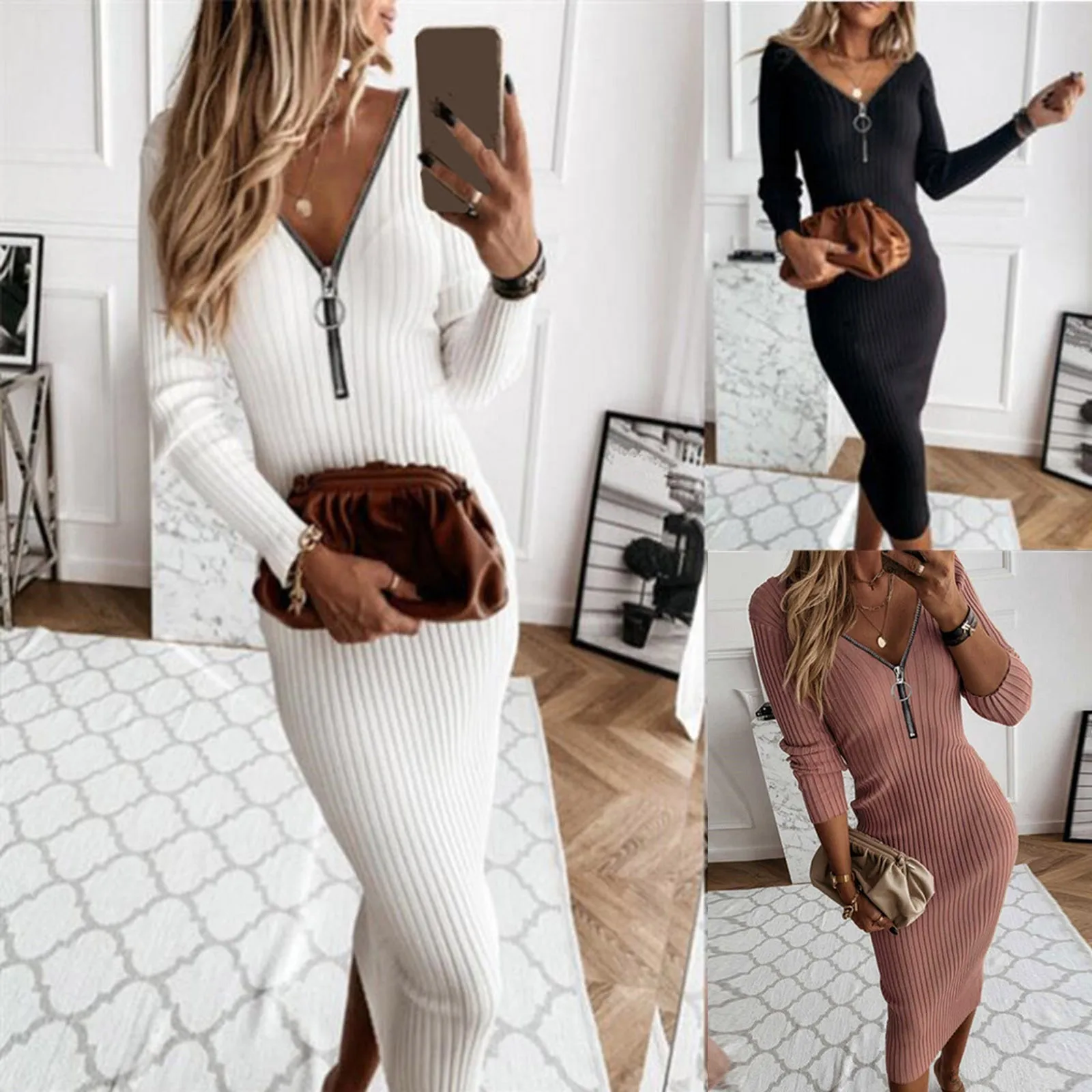 

Spring And Autumn Women's Sweater Dress Sexy Solid Colour Slim Knitted Dress Long Sleeve Fashion V Neck Zipped Pit Stripe Dress