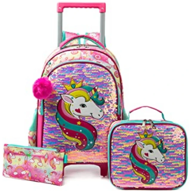 Mochila escolar con ruedas para niñas, Juego de bolsas de almuerzo, mochila  rodante de unicornio, mochila escolar con ruedas - AliExpress