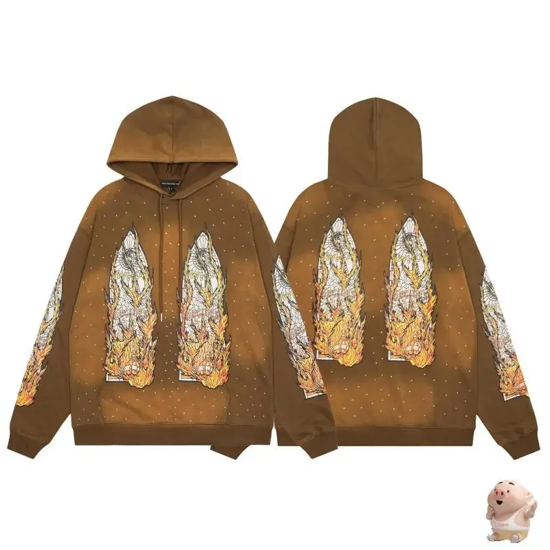 

Top Version WHO DECIDES WAR Flame Glass Hoodie Men Women Diamond Inlay Vintage Brown Gray Black Oversize Hooded
