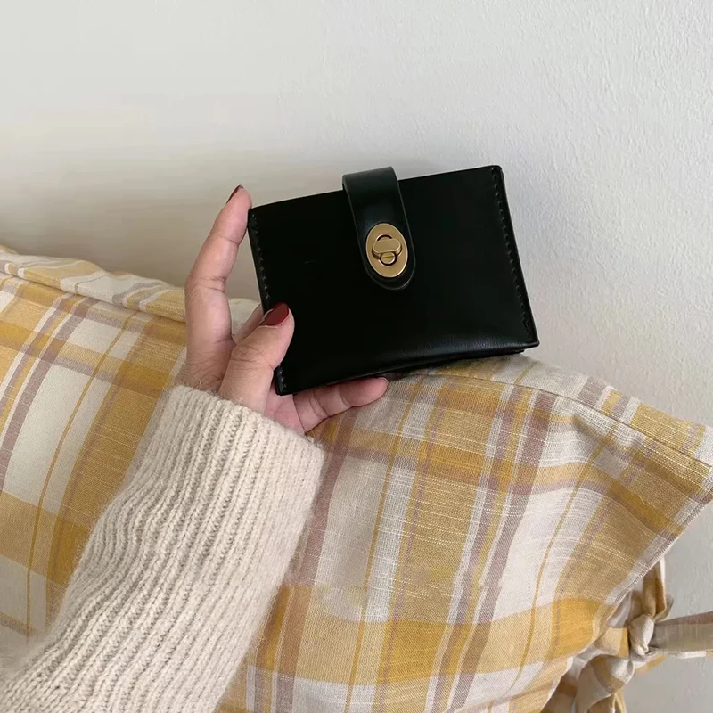 Chic Korea Solid Color Card Holder Vintage Casual Women Wallet PU Leather Female Purse Money Clip Wallet Ins Lady Coin Purse