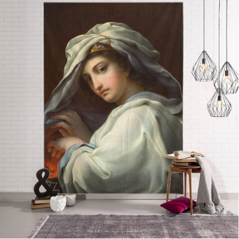 Retro figure oil painting, printed tapestry, living room, bedroom wall hanging fabric, home art decoration, wall tapestry