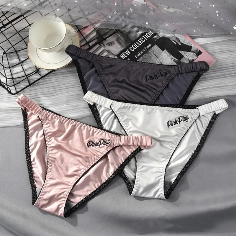Women Satin Ice Silk Panties With Letter Embroidery Elastic Waistband Lace Trim Briefs Breathable Underpants 1