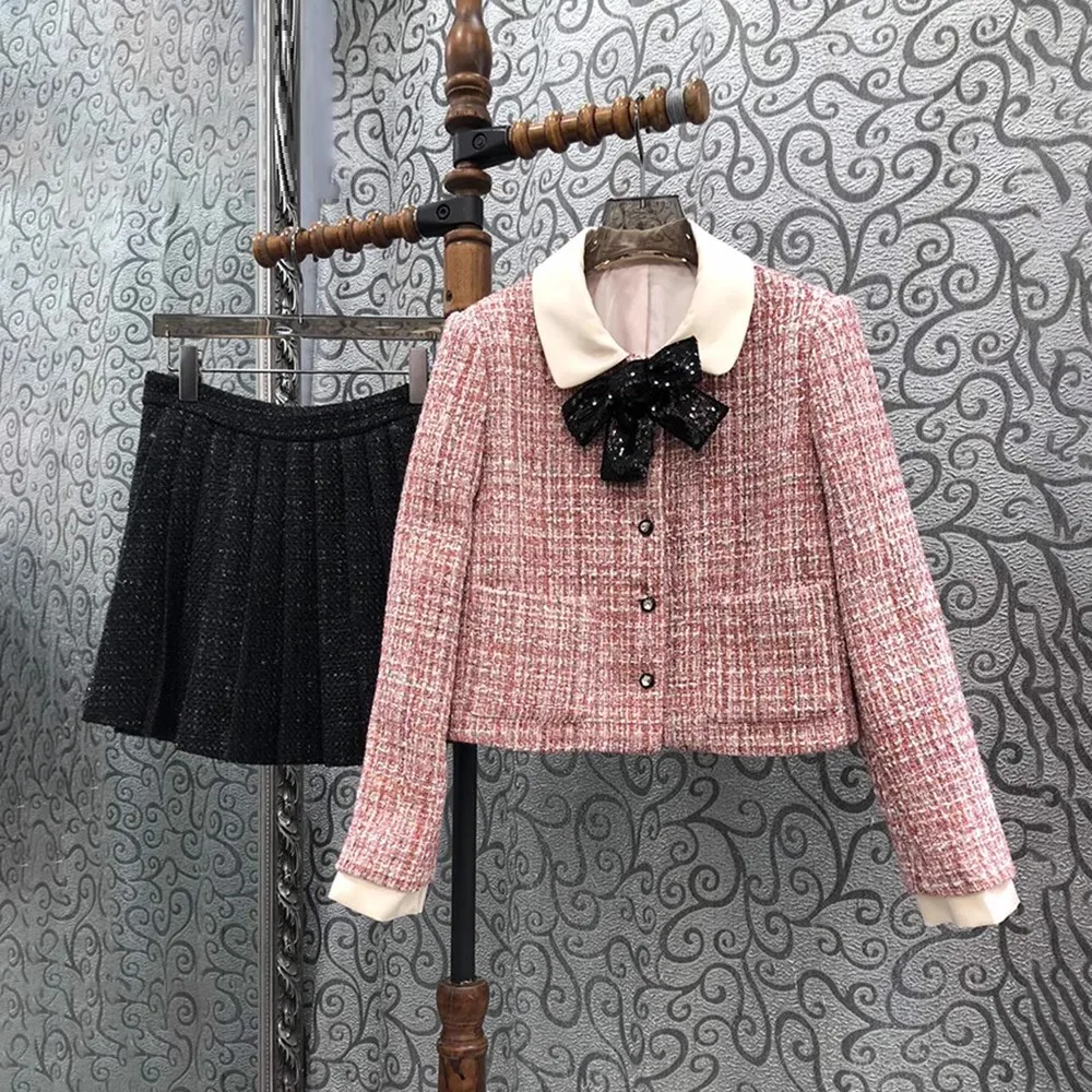 

Top Quality Women's Set 2023 Autumn Winter Skirt Suit Ladies Tweed Wool Coat Outerwear+Mini Pleated Wool Skirt Sets 2 Piece
