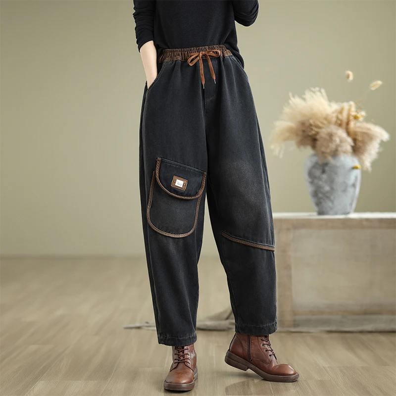 Retro Waed Fce Lined Denim Jeans Women's Loose Fit Harlan Pants Belted Casual Sle Winter Thiened Jeans