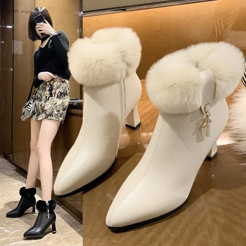 

Hairy Mouth Short Tube short Boots Women 2021 Winter New Style Side Zipper Pointed Toe Fashionable and Comfortable Short Boots