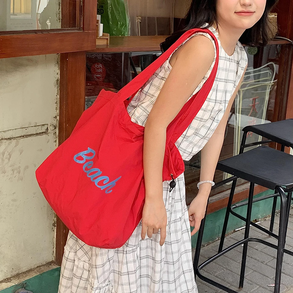 Women's String Tote Bag Fashion Canvas Totes Letters Portable Shoulder Bag Casual Beach Bag Large Capacity Shopping Handbag - 3