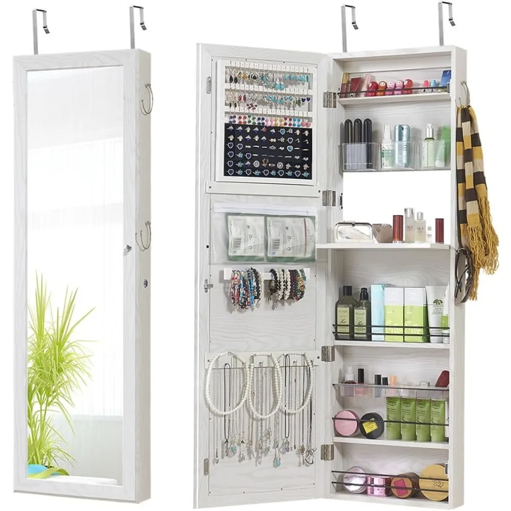 

Jewelry Mirror Armoire Wall Mount Over The Door Cabinet Storage Organizer Lockable Full Length Door Mirror(White)