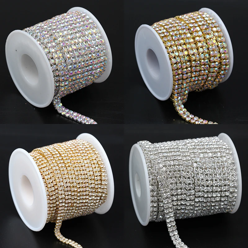 

2Rows 10yards/roll Rhinestone AB/clear crystal Chain Gold/Silver claw close Base Cup Chain Apparel Sewing diy Accessories