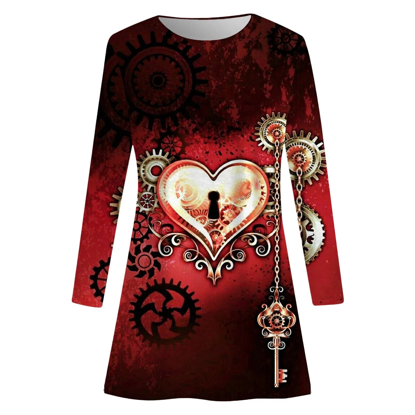 

Valentine's Day Women's Fashion Love Theme Printed Round Neck Long Sleeve Casual Dress 2 Bohemian Print Boho Beach