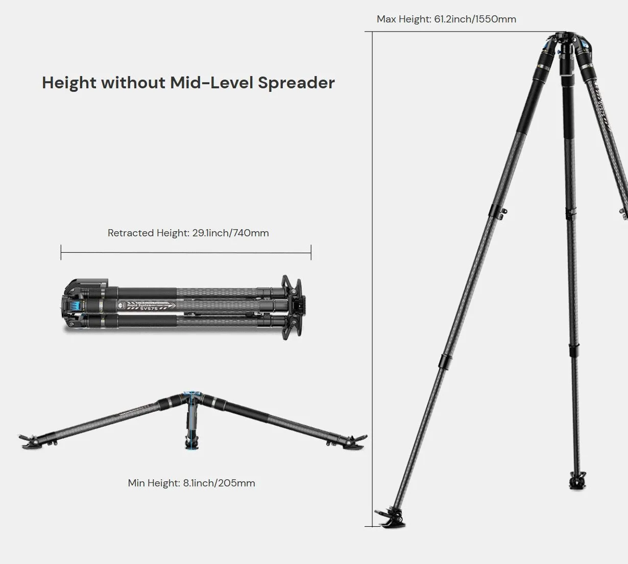 SIRUI SVS75 Rapid System One-Step Height Adjustment Carbon Fiber Tripod Lightwei