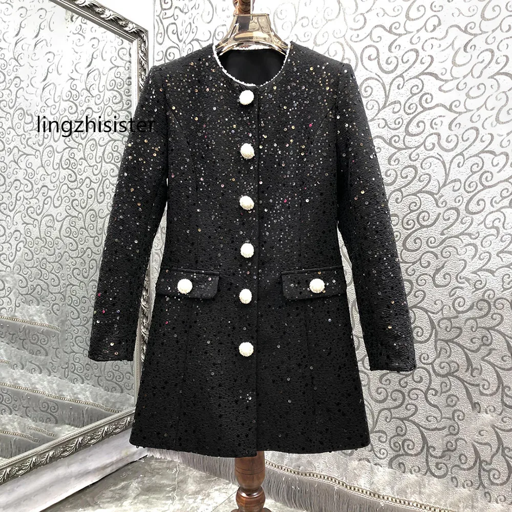 

Women Black Blazer Outerwear 2023 Top Quality Designer Beading Collar Sequins Outwear Dress New Arrive