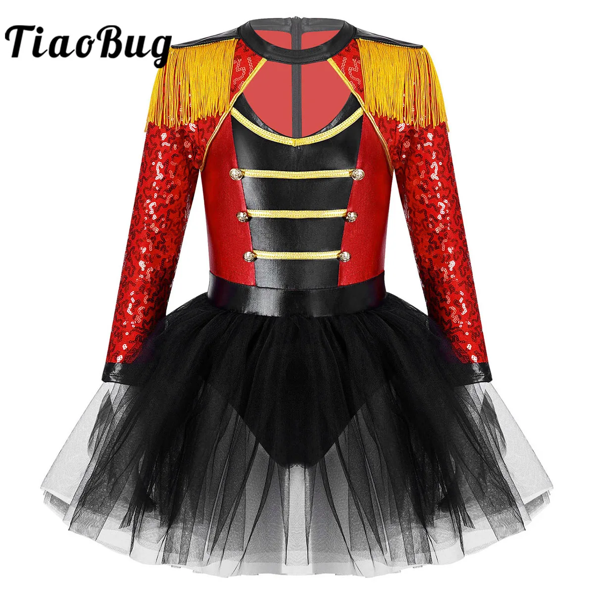 

Kids Girls Sequins Tutu Circus Ringmaster Costume Halloween Cosplay Leotard Dress Long Sleeve Lion Tamer Carnival Fancy Dress Up