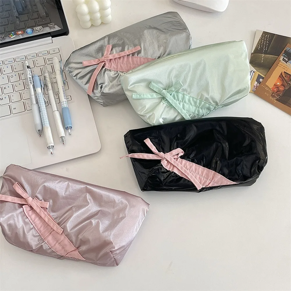 New Large capacity Bowknot Pencil Case Cute Bow Zipper Lipstick Storage Bag Solid Color Students Stationery Pouch Students