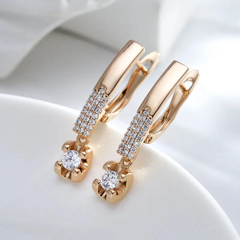 Wbmqda Fashion Drop Earrings For Women 585 Rose Gold Color With White Natural Zircon Wedding Party Fine Jewelry Accessories