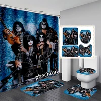 phechion Kiss Band 3D Print Waterproof Bathroom Shower Curtain Toilet Cover Mat Non-Slip Floor Mat (1/3/4Pcs) W74 1