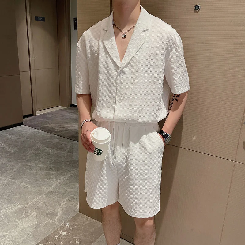 

Summer V-neck T-shirt Two-piece Set Breathable Trend Loose Solid Short Sleeve Tops Shorts Business Casual All-match Mens Clothes
