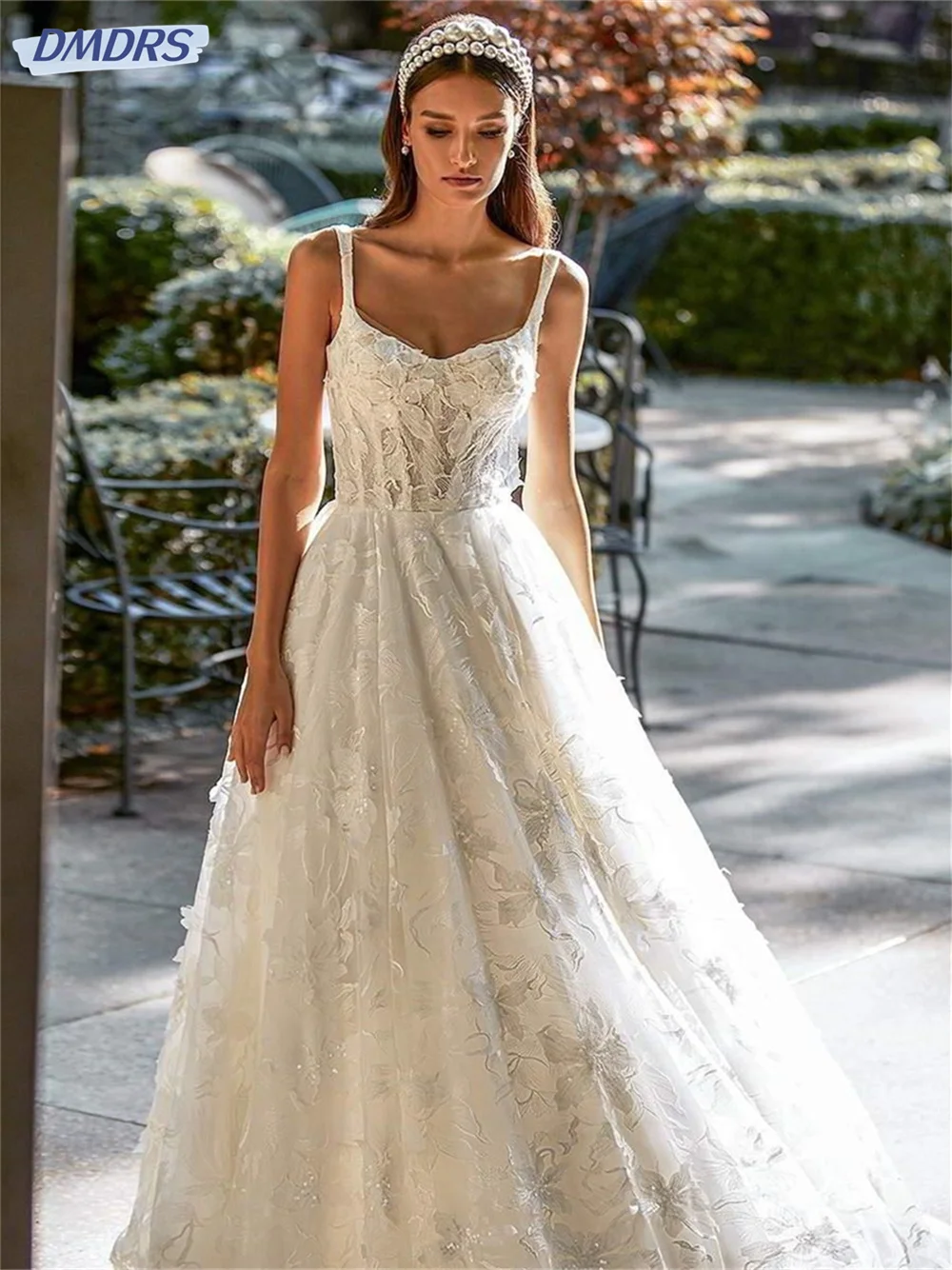 Изысканные свадебные платья на бретелях-Спагетти Свадебные платья без рукавов кружевные аппликации 3D Цветы трапециевидные Свадебные платья на молнии сзади