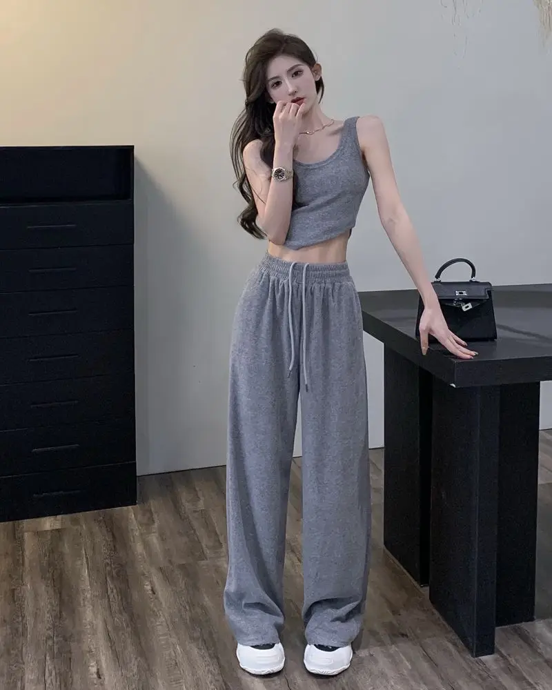 Knit Wide Leg Pants Women Soft Glutinous Straight High Waist Black Pants  Vertical Stripe Split Casual Solid Thick Woman Trousers - AliExpress