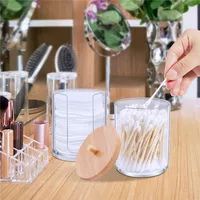 Portable Bamboo Lid Cotton Swab Storage Box Round Transparent Acrylic Multipurpose Makeup Remover Cotton Boxes 2