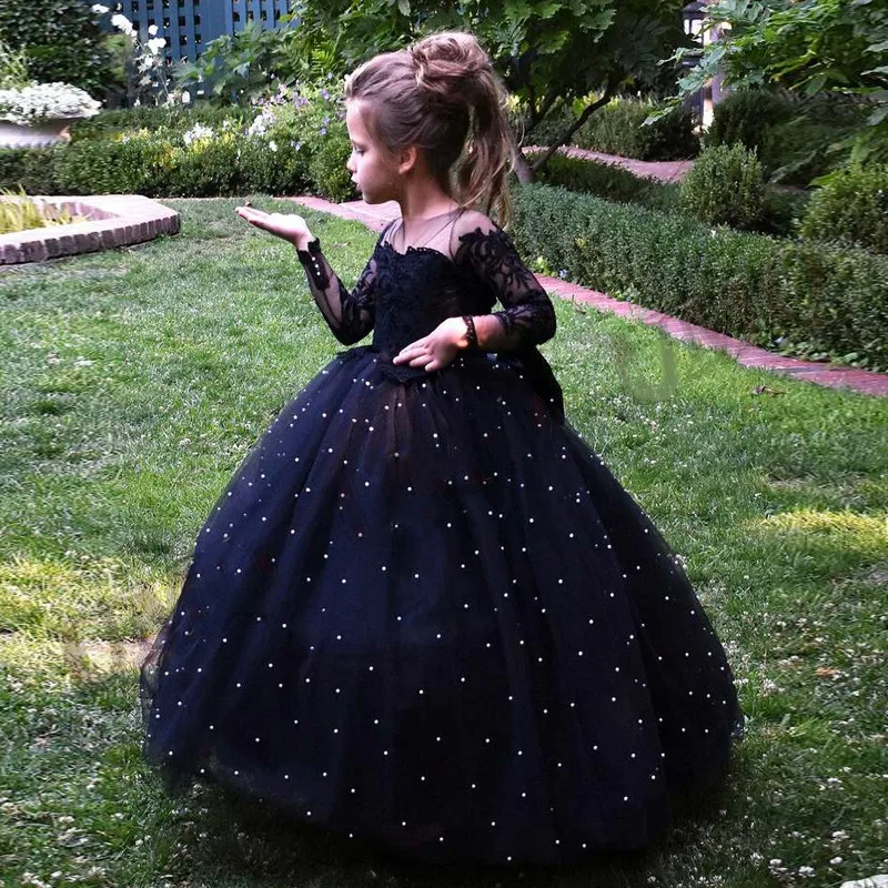 

New Black Flower Girl Dress Long Sleeves Appliques Lace Pearls Wedding Party Gown Fashion Show First Communion Dress