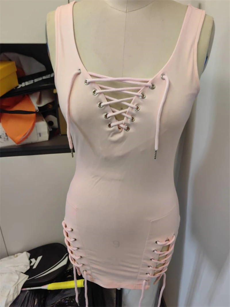 Womens Dresses 2025 New Summer Solid Color Deep V-neck Sexy Slim Fit Eyelet Lace Up Sleeveless Casual Daily Mini Dress