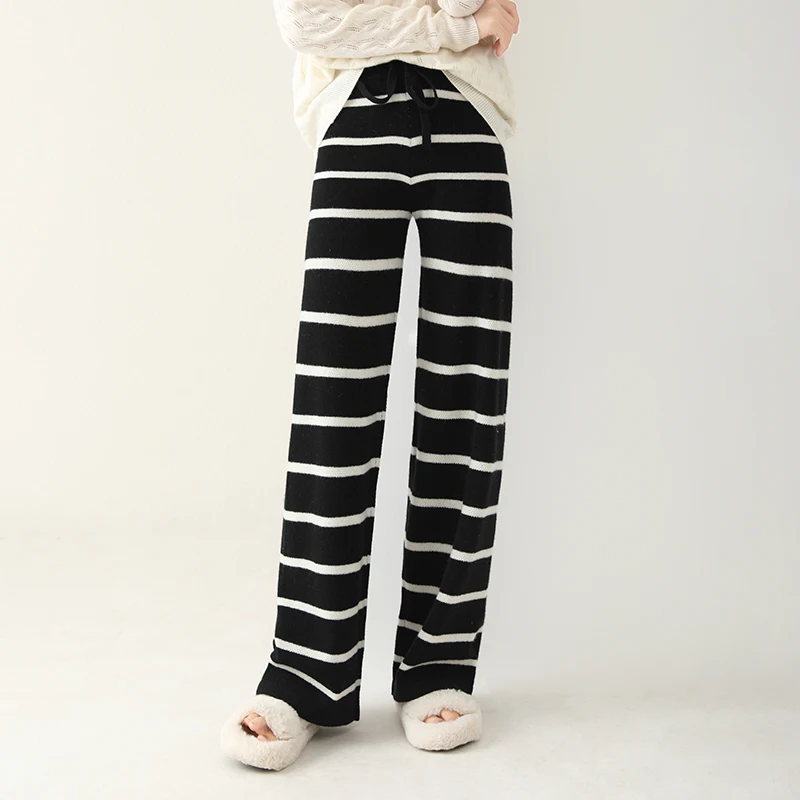 Autumn and winter new 100% pure wool striped straight tube color matching cashmere loose wide-leg pants.