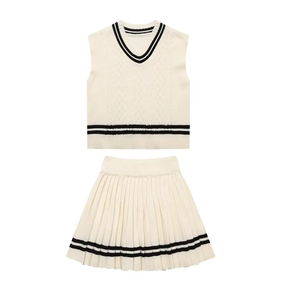 thumbnail image 1 of HH TRAF Traje elegante de dos piezas para mujer, sin mangas, con cuello de crochet en contraste, minifalda de punto plisada con cintura elástica estilo universitario para mujer, 1 of 5