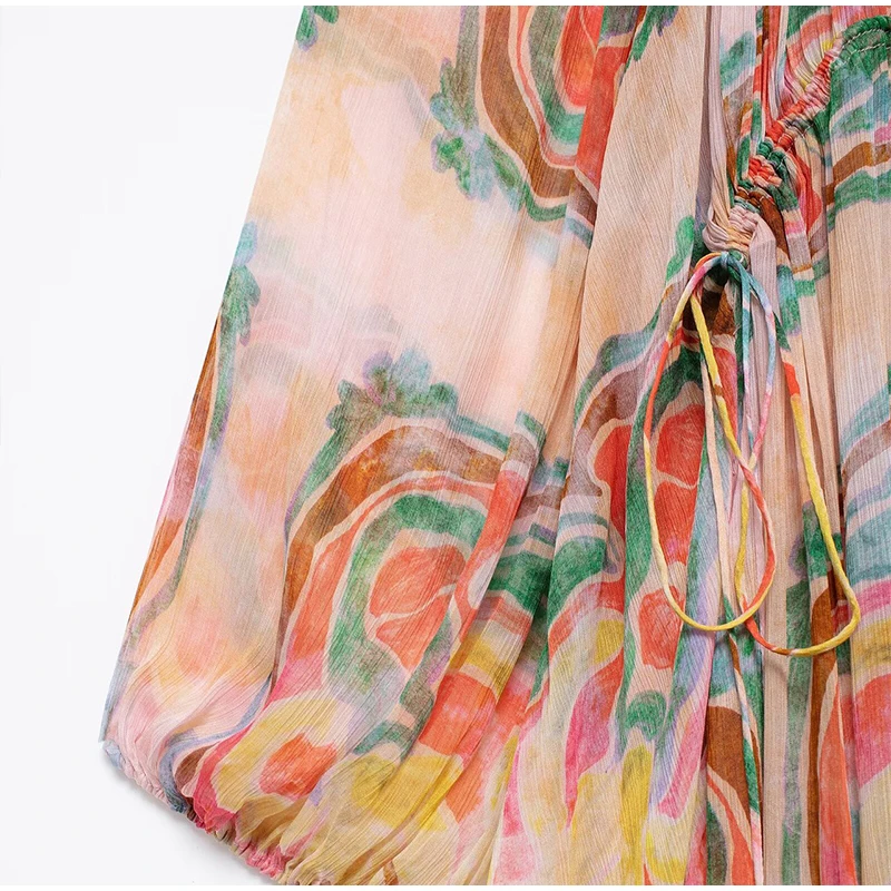 Retro Print Elegant Pleated Lantern Long Dress Sleeve V-neck Single Breasted Dress A-line Casual High Waist Women Summer Robe
