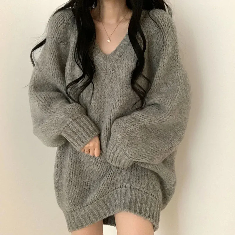 

Autumn Winter Women Knitted Sweaters Fashion Korean Oversized Simple V Neck Pullover Harajuku Solid Puff Sleeves Casual Jumpers
