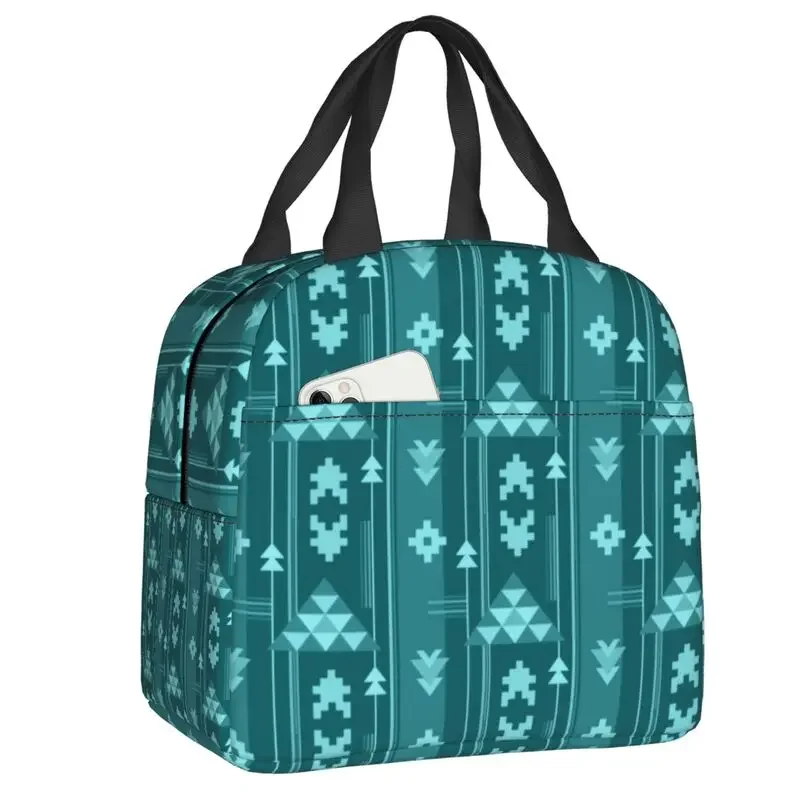 

Bohemian Rug In Teal Insulated Lunch Bag for Camping Travel Boho Stripe Leakproof Thermal Cooler Lunch Box Women Kids