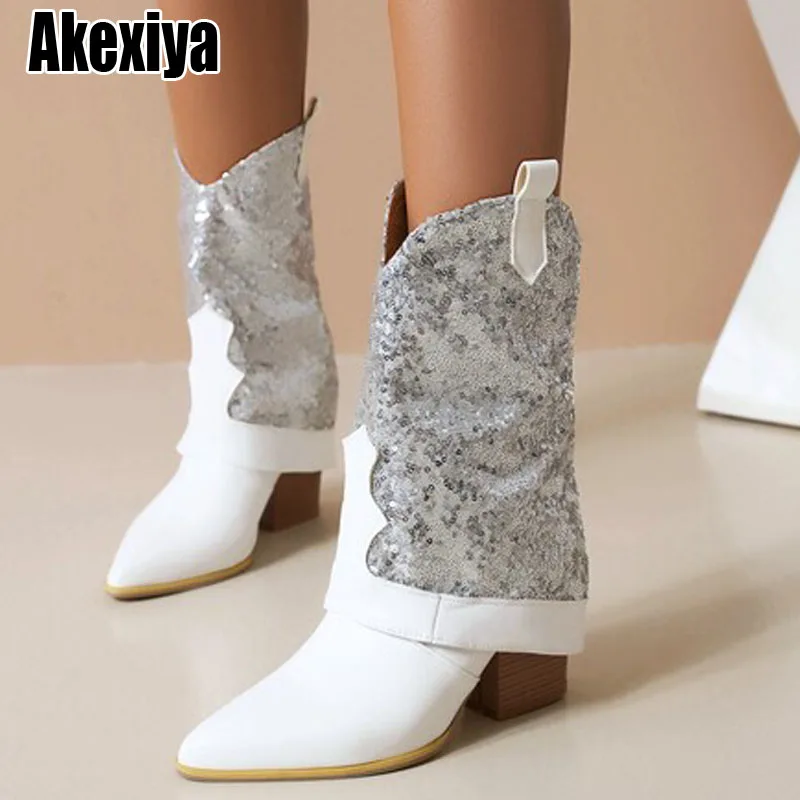 

2023 Silver Cowboy Ankle Boots Women Square Heel Boots Pointed High Heel Booties Western Shoes Sapatos femininos bc6998