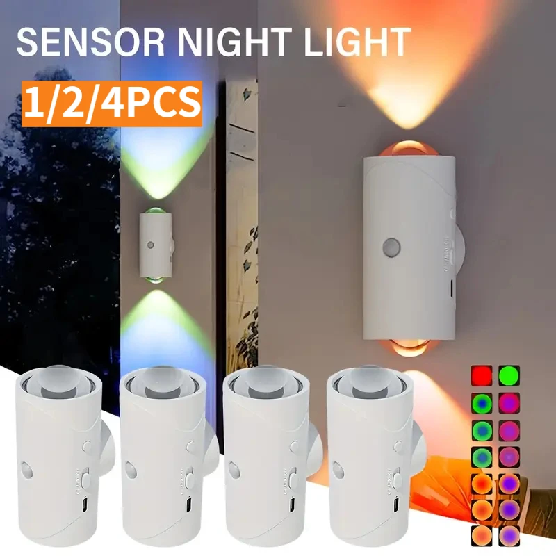 1/2/4개 USB 충전식 RGB LED 야간 조명, 모션 센서 벽등, 실내 침실 ..