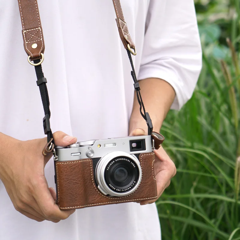 Fujifilm X100VI Fuji X100VI용 카메라 하프 케이스 어깨 끈이 있는 인조 가죽 바닥 오픈 카메라 보호대 베이스플레이트