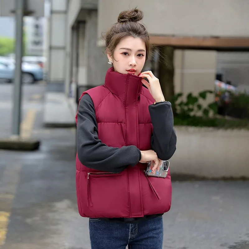 2023 Autumn Winter Cotton-padded Vest Coat Women Stand-up Collar Waistcoat Short Jacket Student Warm Tank Tops Sleeveless Coats