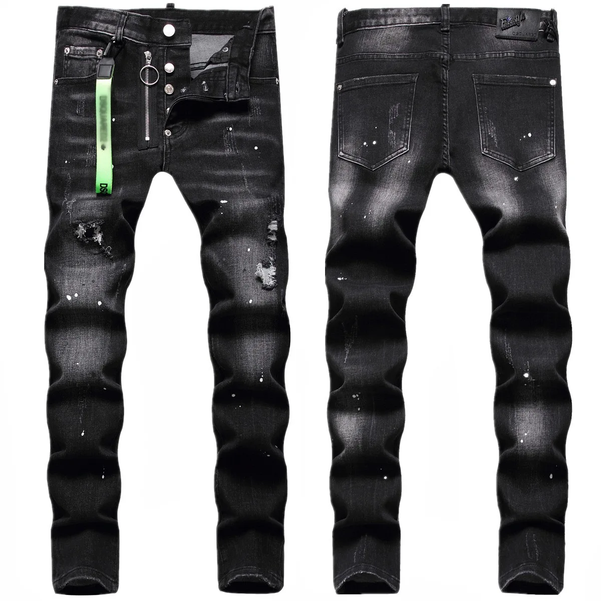 

Hipster Men's Jeans Male personality ripped and scraped Trend Fashion Pants Black paint splatter stretch pants