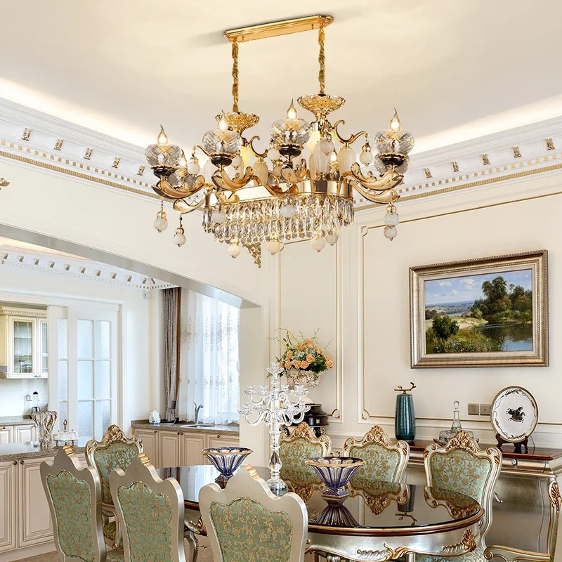 

French Rococo Villa Living Room Dining Room Marble Chandelier European Luxury Hotel Hall Staircase Brass Crystal Pendant Light