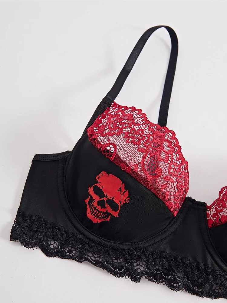 Ultra-Thin Lace Edged Skull Print Bra with Steel Ring Underwear Women's Fashionable Skeleton Patterned Bralette 3