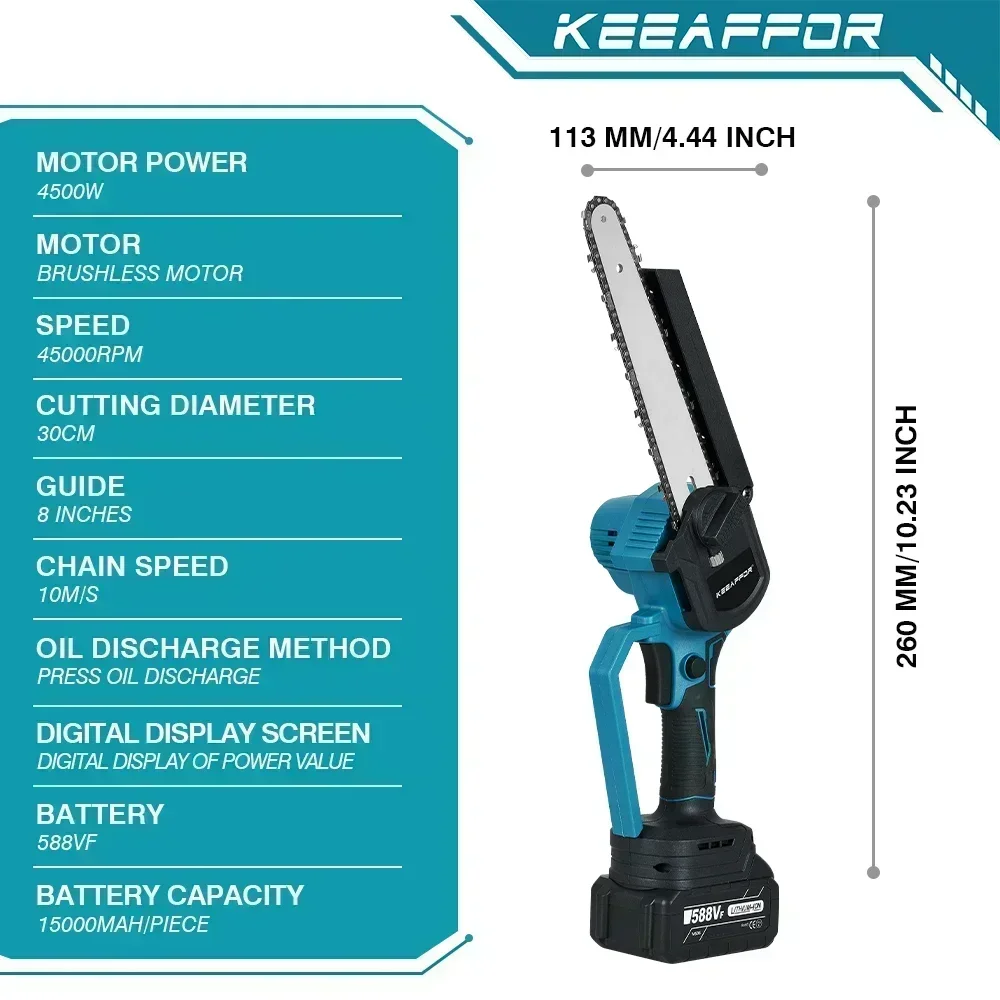 KEEAFFOR Brushless 8 Inch Electric Saw Automatic Oiler Chainsaw Garden Pruning Handheld Woodworking Tool for Makita 18V Battery 3