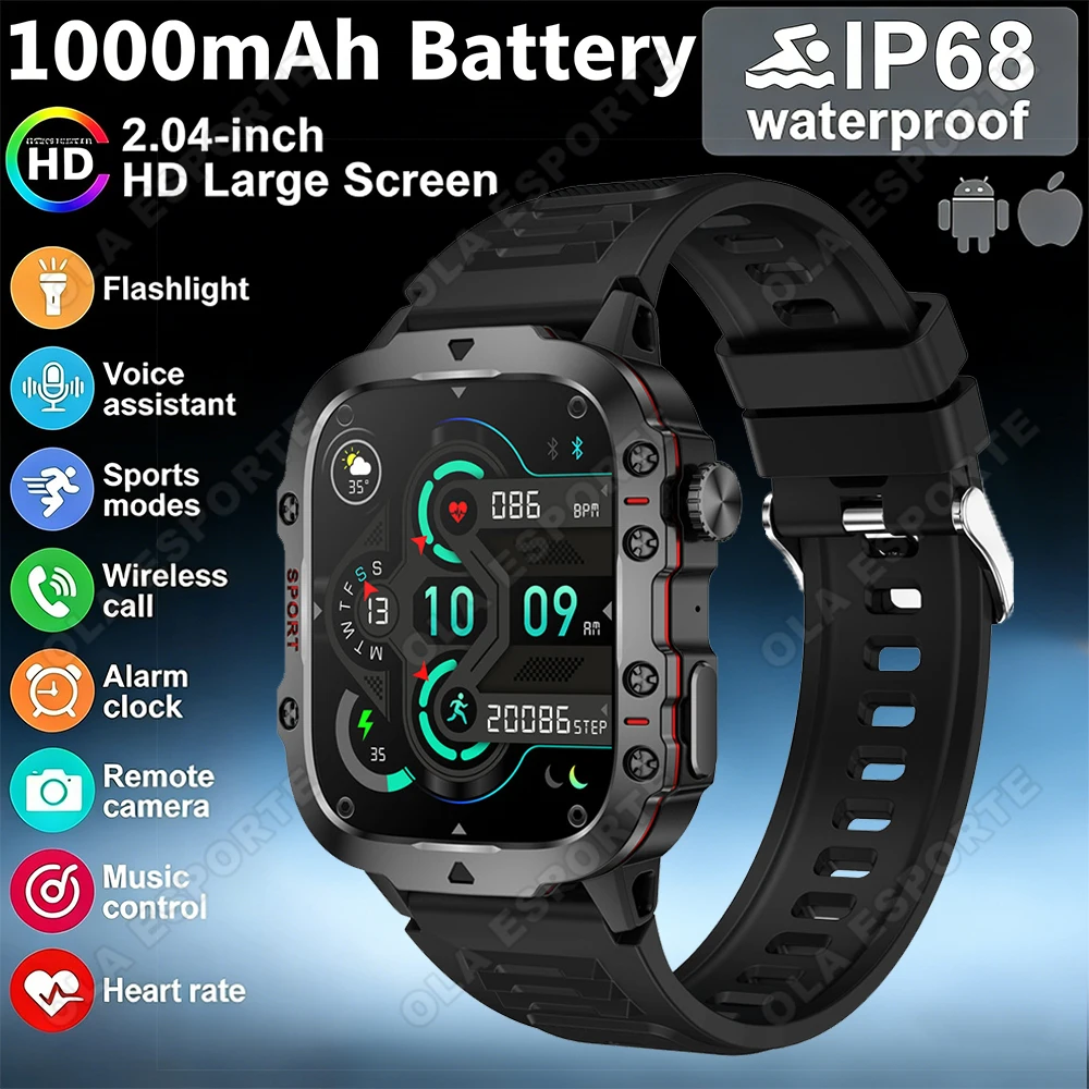 2026 New Military Outdoor Smartwatch 1.96 inch Touch Screen IP68 Waterproof Bluetooth Call Heart rate Smart Watch 420mAh Battery 1