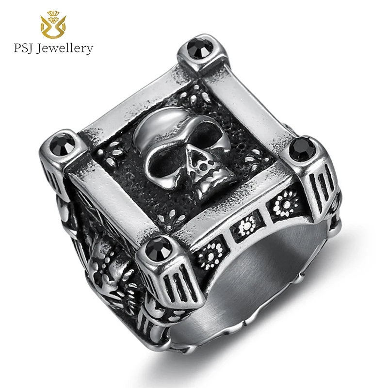 

PSJ Fashion Vintage Jewelry Punk Gothic Style Skull Carved Titanium Stainless Steel Finger Rings for Men