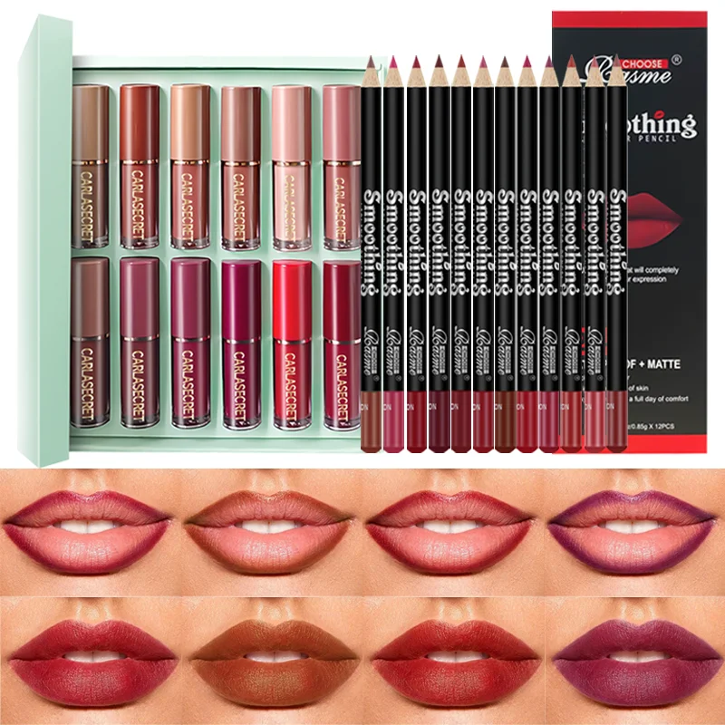 12 color lip gloss lipliner set silky, moisturizing, shiny, long-lasting color rendering makeup set
