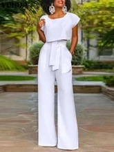 

Women Trousers Short Sleeve Mini Tops 2022 VONDA Casual Office Lady Pants Sets Vintage High Waist Zipper Party Wide Leg Pants