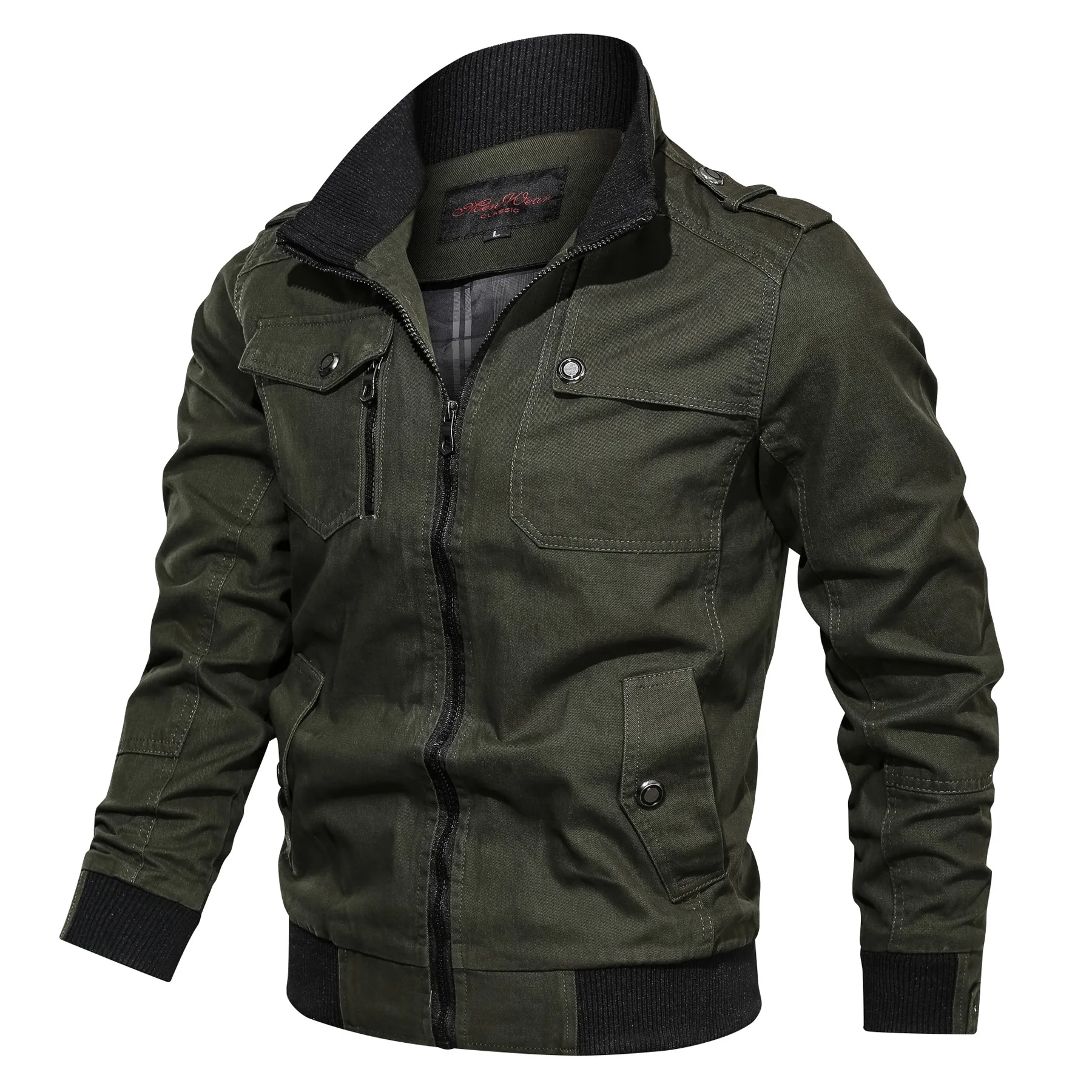 

Men's Casual Solid Colour Jacket Zipper Pocket Standing Collar Large Size Coat Cotton Autumn Jacket